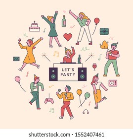 People dancing around the DJ. Circular composition. flat design style minimal vector illustration.