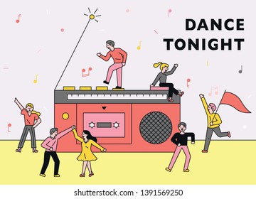 People dancing around huge radios. Exaggerated concept poster. flat design style minimal vector illustration