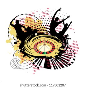 people dancing around a roulette in a casino