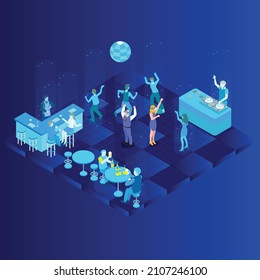 People dancing in a bar or nightclub in metaverse isometric 3d vector concept for banner, website, illustration, landing page, flyer, etc.