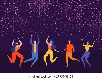 People dancing to celebrate new year, birthday and party  with  firework explosions in the sky vector illustration. Celebration  festive season concept.