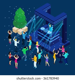 Pessoas dançando e comemorando Ano Novo no fundo azul ilustração vetorial isométrica