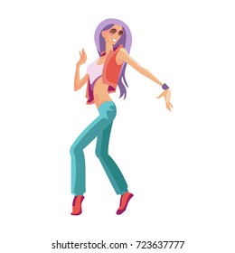 People dancing character in different poses concept. Young beautiful dancing girl, teenager, in stylish clothes, moves under active rhythmic music. Vector illustration isolated in cartoon style.