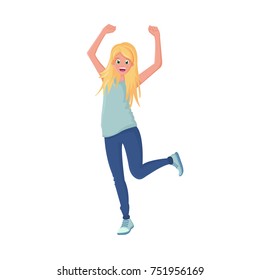 People dancing character in different poses. Beautiful dancing girl, teenager, makes vigorous movements, connecting movement of hands, feet, under active music. Cartoon vector illustration isolated