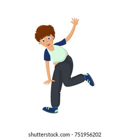 People dancing character in different poses concept. Energetic young guy, teenager, dancing, waving his arms, having fun, under modern music. Cartoon vector illustration isolated
