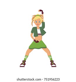 People dancing character in different poses concept. Young beautiful dancing girl, teenager, in stylish clothes, moves under active rhythmic music. Cartoon vector illustration isolated