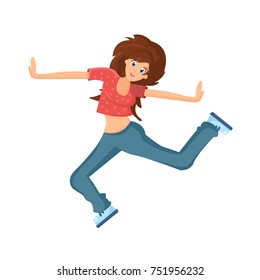 People dancing character in different poses. Beautiful dancing girl, teenager, makes vigorous movements, connecting movement of hands, feet, under rhythmic music. Cartoon vector illustration isolated