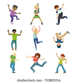 People dancing character in different poses concept. Energetic young guy, teenager, dancing, waving his arms, having fun, under modern music. Cartoon vector illustration isolated