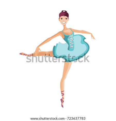 People dancing character in different poses concept. Young girl dancer in ballerina costume, girl teenager makes smooth movements under the classical and operatic music. Illustration in cartoon style.