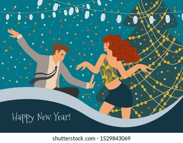 People dancing at the Christmas tree at a corporate party. Greeting card with a couple celebrating New Year. Cute vector flat hand-drawn illustration.