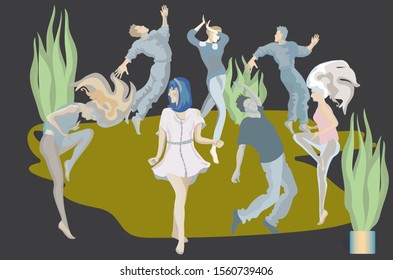 People dancing at club, set of characters, flat vector illustration