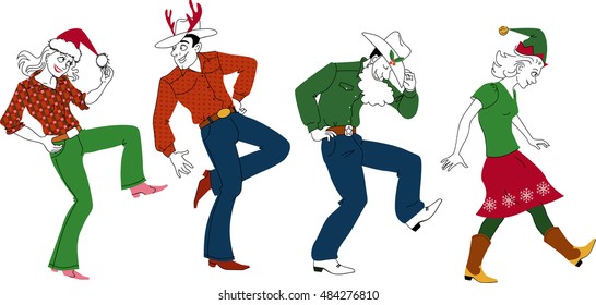 People dancing country western at a Christmas party, EPS 8 vector illustration