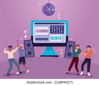 Menschen, die mit Desktop-Zeichen tanzen