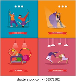 People dancing in different styles. Break dance, paso doble, contemporary dance. Vector illustration in flat design.