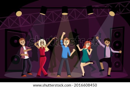 People dancing in disco illustration. Cheerful young characters actively resting nightclub fiery dances in beams glowing spotlights joyful holidays and end working week. Vector cartoon relaxation.