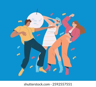People dancing at disco party. Happy group or crowd of friends in stylish retro clothes having fun at event or discotheque. Hangout at nightclub. Holiday celebration. Flat vector illustration