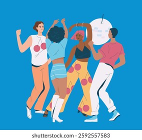 People dancing at disco party. Happy men and women in stylish retro clothes having fun and celebrating holiday at party in night club. Group of friends on discotheque. Flat vector illustration