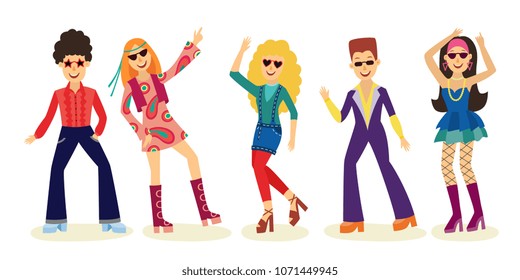 People dancing disco set with men and women in fashion clothes 70s isolated on white background. Vector illustration collection of night club or party dancers in retro style.