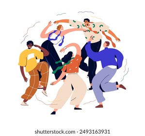 People dancing at discotheque. Happy young modern female, male characters in motion, moving and raving to music at disco party. Fun at nightclub. Flat vector illustration isolated on white background