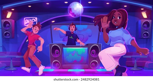 People dancing to dj music in nightclub. Vector cartoon illustration of young guy and African girl moving to songs on floor, disco ball above sound mixer, loudspeakers and floodlight illumination