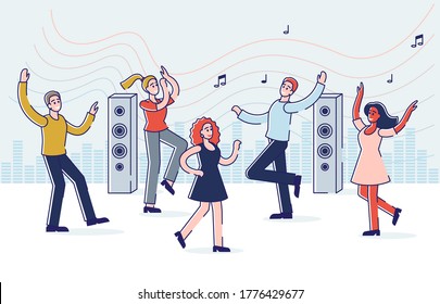 People dancing and enjoying music. Group of young cartoon characters on celebration, party or disco club. Happy men and women dance having fun. Line art vector illustration