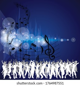 People dancing at an event on blue light show background with copy space for own text