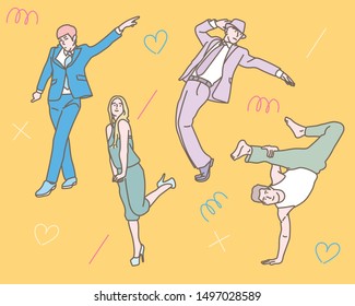 People dancing excitedly in various poses. hand drawn style vector design illustrations.