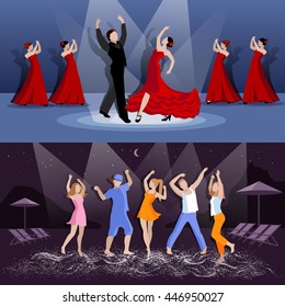 People dancing flamenco on stage and teenagers having beach party at night flat isolated vector illustration