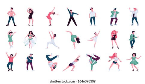 People dancing flat color vector faceless characters set. Ballet, hip hop male and female dancers. Historical and contemporary dance styles isolated cartoon illustrations on white background