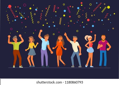 People dancing in flat design. Young happy men and women move to the music. Vector illustration eps 10