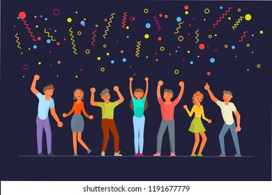 People dancing in flat design. Young happy men and women move to the music. Vector illustration eps 10