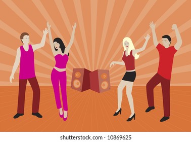 people dancing in front of two speakers and dynamic background, vector illustration