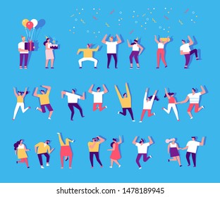 People dancing and have fun. Flat vector character set. Birthday party, student party, celebration, event. Friendship.  Couples. Happy people. Men and women enjoying dance party.	
