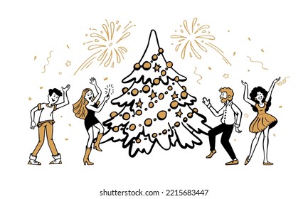 Menschen, die tanzen und Spaß beim Neujahrsfest mit Konfetti und Weihnachtsbaum im neuen Jahr haben