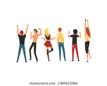 People Dancing and Having Fun Outdoor at Open Air Concert, Rock Fest, Outdoor Summer Music Festival, View From the Back Vector Illustration
