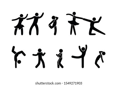 people dancing, having fun, sticks figure, dance icons, human body pictograms, isolated set