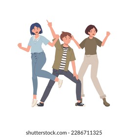 people dancing, having fun together. Young men and women characters group, celebrating event with joy. Flat vector cartoon illustration