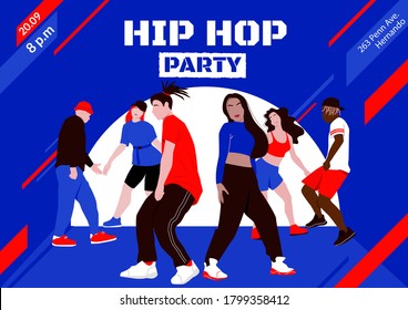 People dancing hip-hop or street dance style turfing, krump, jazz-funk on a party. Hip hop culture and rap music. Hobby and leisure. Dance competitions and battles.