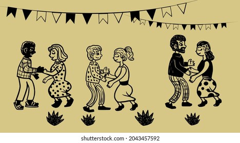 People dancing forró. Illustration in woodcut style of Cordel literature.