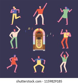 People dancing to jukebox music. flat design style vector graphic illustration set