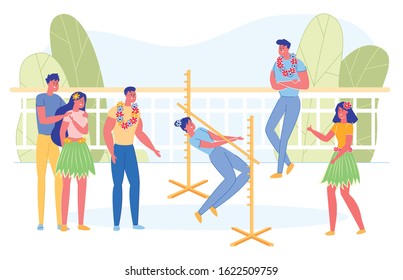 People Dancing Limbo Outdoor Flat Cartoon Vector Illustration. Competing In Contest With Friends. Woman Passing Forwards Under Low Bar Without Falling. Boys And Girls Cheering Her.