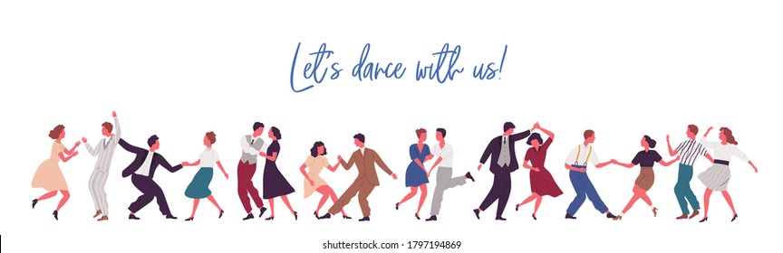 People Dancing Lindy Hop, Swing Or Jazz Dance Of 40s. Party Time In Retro Rock N Roll Style. Banner With Lettering And Place For Text. Flat Vector Cartoon Illustration Isolated On White Background