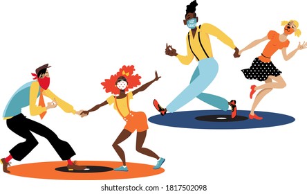 People dancing lindy hop or swing, wearing masks and maintaining physical distancing, standing on designated spots looking like vinyl records,  EPS 8 vector illustration