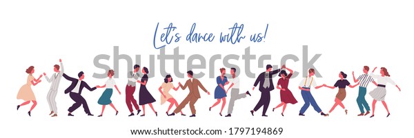 People dancing lindy hop, swing or jazz dance\
of 40s. Party time in retro rock n roll style. Banner with\
lettering and place for text. Flat vector cartoon illustration\
isolated on white\
background