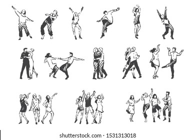 People dancing to music concept sketch. Hand drawn isolated vector