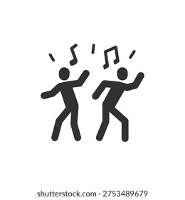 People dancing with music notes icon. Party dancing and celebration concept. Monochrome black and white symbol