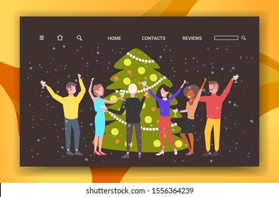 people dancing near christmas tree merry xmas happy new year holiday celebration concept coworkers having fun corporate party horizontal full length vector illustration