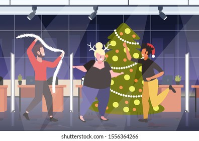 people dancing near christmas tree merry xmas happy new year holiday celebration concept mix race coworkers having fun corporate party modern office interior horizontal full length vector illustration