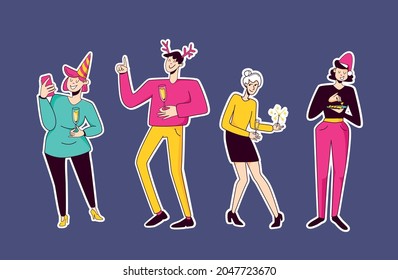 People dancing at the new year party. Bright cartoon stickers isolated on blue background