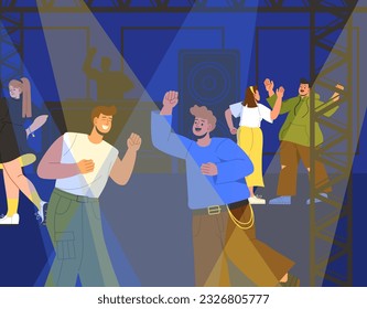 People dancing at night club concept. Disco and event. Man and woman dancing and relaxing. Active night leisure and rest. Young guys and girls having fun together. Cartoon flat vector illustration